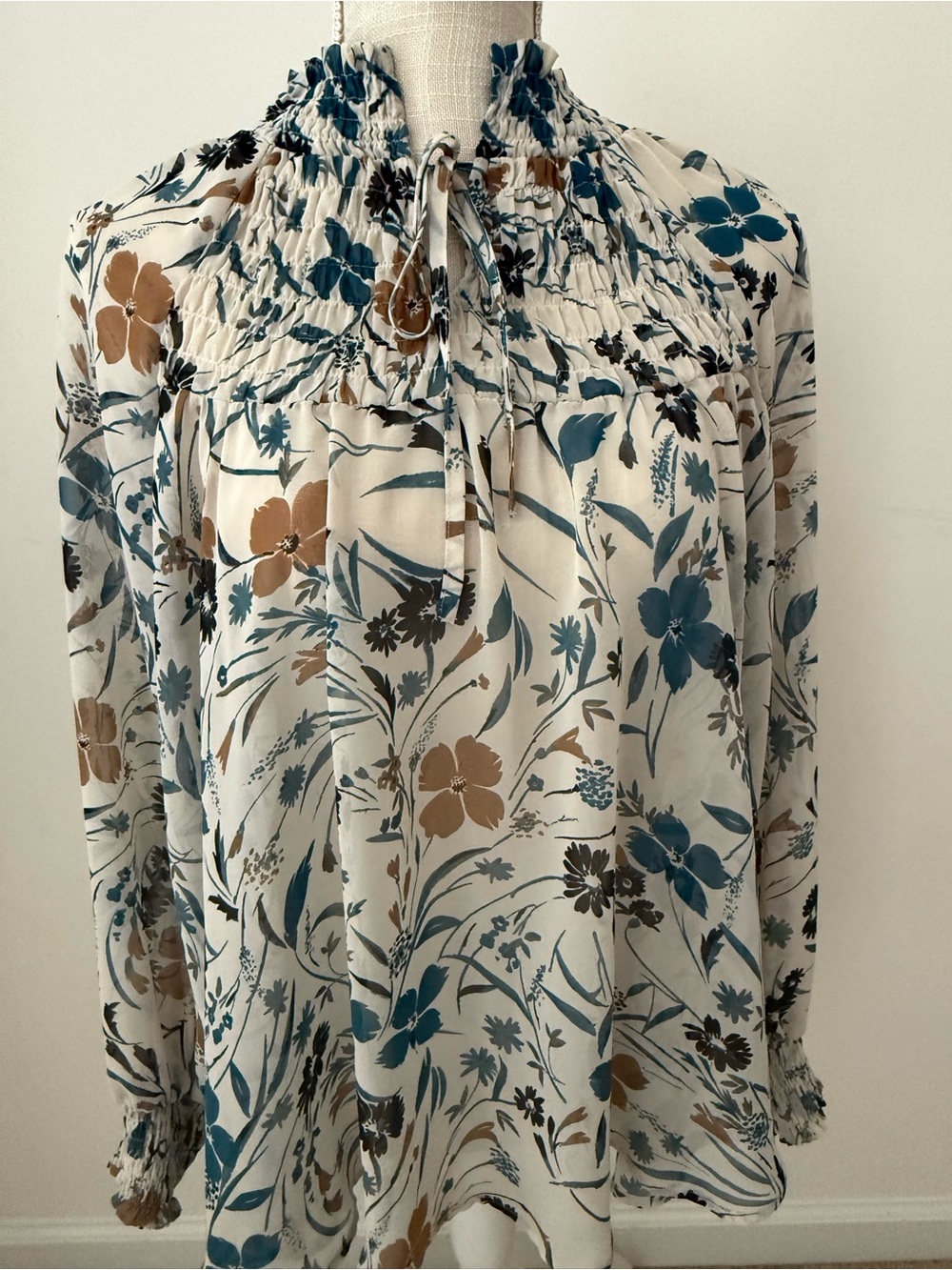 Style & Co. Cream Floral Smocked-Neck Blouse with Blue and Brown Accents